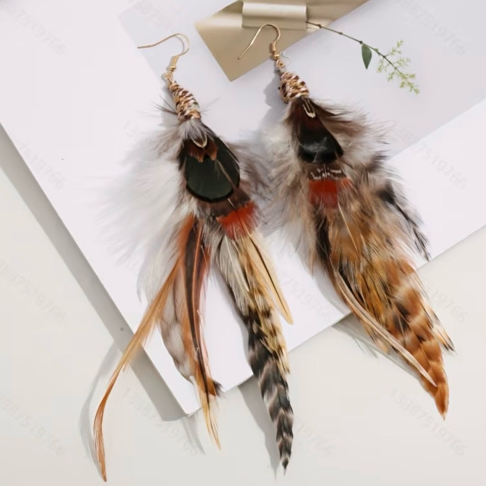 Layered Feather Drop Earrings - Brown & Tan